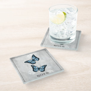 Blue Butterfly Floral Specialized Glass Onderzette Glazen Onderzetter