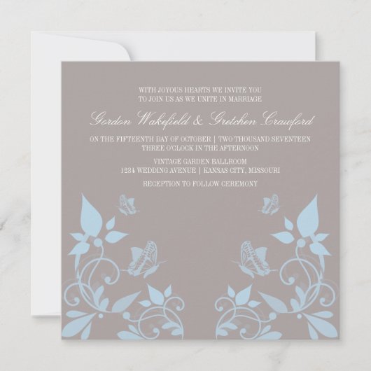 Blue Butterfly Floral Wedding Invite Kaart (Voorkant)