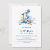 Blue Butterfly Flowers 1st Birthday Party Kaart (Voorkant)