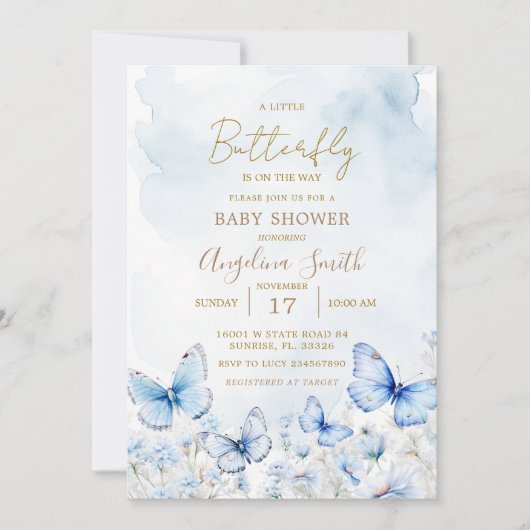 Blue Butterfly Garden Baby shower uitnodiging (Voorkant)