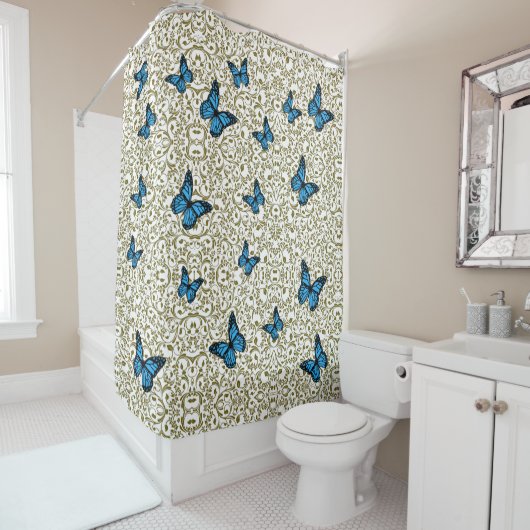 Blue butterfly gold garden douchegordijn (In situ)