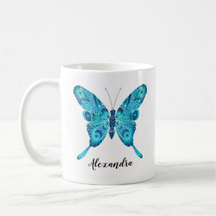 Blue Butterfly Illustration Custom Name 11oz Mok