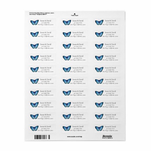 Blue Butterfly Insect Address Label (Full Sheet)