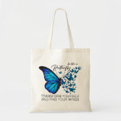 Blue Butterfly, Inspirerend Quote, wees als een Ma Tote Bag (Voorkant)