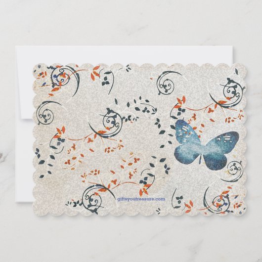 Blue Butterfly & Leaf Swirls Vrijgezellenfeest Inv Kaart (Achterkant)