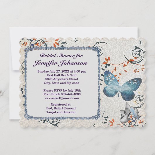 Blue Butterfly & Leaf Swirls Vrijgezellenfeest Inv Kaart (Voorkant)