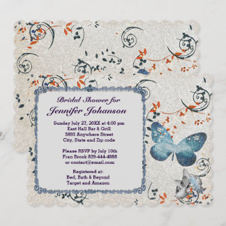 Blue Butterfly & Leaf Swirls Vrijgezellenfeest Inv Kaart