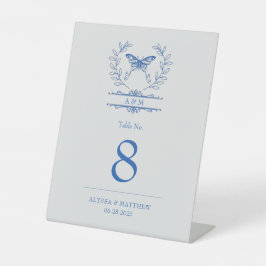 Blue Butterfly Monogram Weddentafelnummer Reclamebord Met Voetstuk