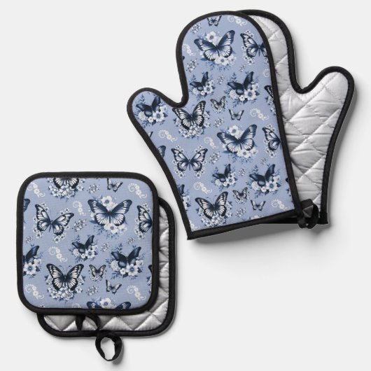 Blue Butterfly Patroon Ovenwant & Pannenlap Set (Voorkant / Achterkant)