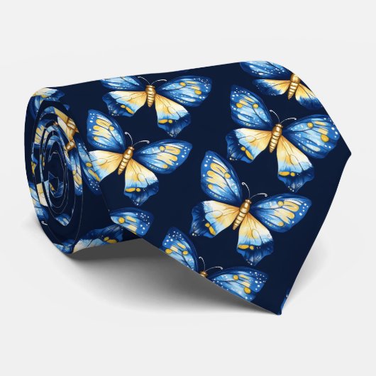 Blue Butterfly Patroon Stropdas (Opgerold)