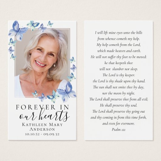 Blue Butterfly Photo Memorial Prayer Card Visitekaartje (Voorkant /achterkant)