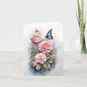 Blue Butterfly Pink Flowers Waterverf Blank Kaart