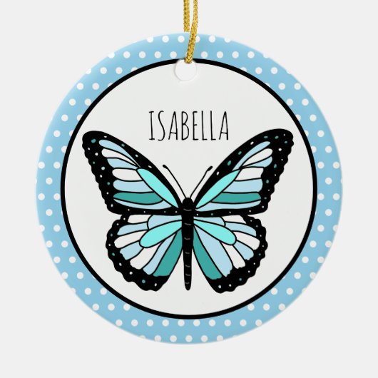 Blue Butterfly Polka Dot Persoonlijk kerstfeest Keramisch Ornament (Voorkant)