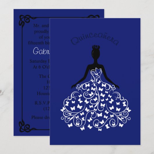 Blue Butterfly Quinceanera Ball Gown Uitnodiging (Voorkant / Achterkant)