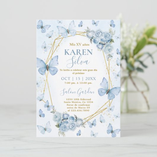 Blue Butterfly Quinceanera Uitnodiging (Staand voorkant)