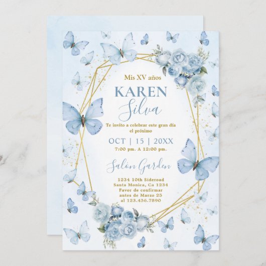 Blue Butterfly Quinceanera Uitnodiging (Voorkant / Achterkant)