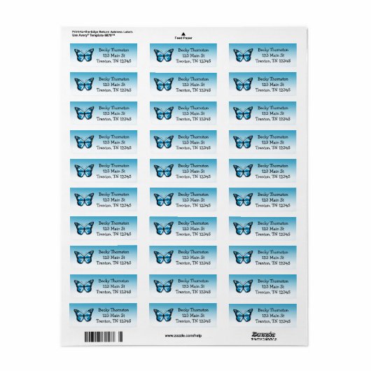 Blue Butterfly Return Address Label (Full Sheet)
