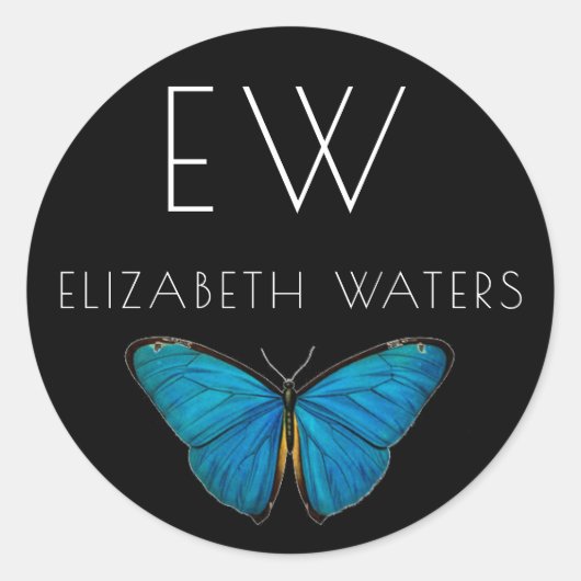 BLUE BUTTERFLY ROND CUSTOM NAME STICKER (Voorkant)