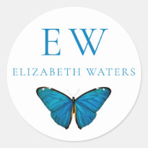 BLUE BUTTERFLY ROND CUSTOM NAME STICKER