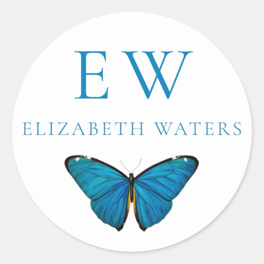 BLUE BUTTERFLY ROND CUSTOM NAME STICKER (Voorkant)