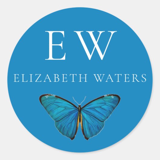 BLUE BUTTERFLY ROND CUSTOM NAME STICKER (Voorkant)