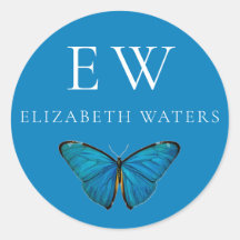 BLUE BUTTERFLY ROND CUSTOM NAME STICKER