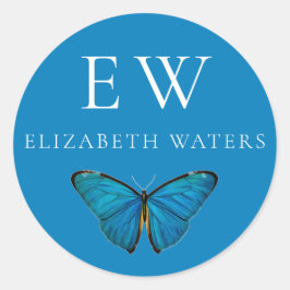 BLUE BUTTERFLY ROND CUSTOM NAME STICKER