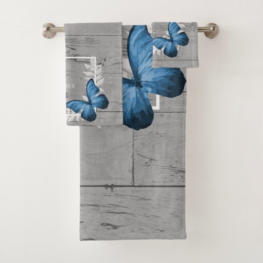 Blue Butterfly Rustic Personalized Bath Towel Set Bad Handdoek (Insitu)