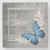 Blue Butterfly Rustic Personalized Stone Onderzett Stenen Onderzetter (Voorkant)