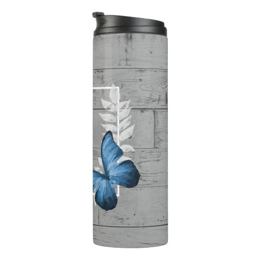 Blue Butterfly Rustic Personalized Thermal Tumbler Thermosbeker (Geroteerd rechts)