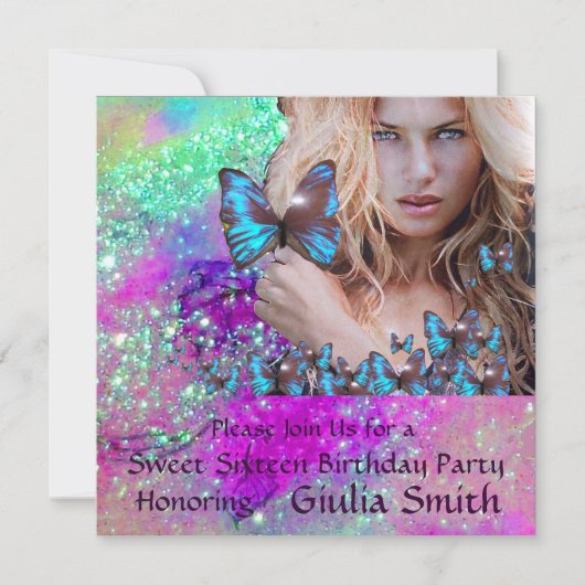 BLUE BUTTERFLY SWEET 16 ARTIJ MONOGRAM, Champagne Kaart (Voorkant)