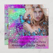 BLUE BUTTERFLY SWEET 16 ARTIJ MONOGRAM, Champagne Kaart (Voorkant / Achterkant)