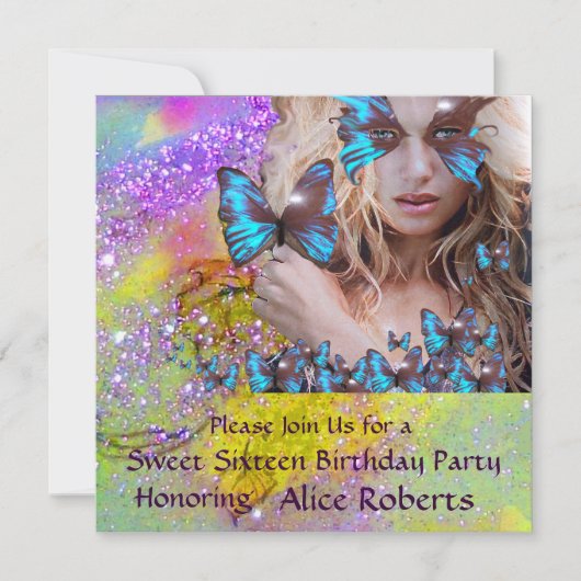 BLUE BUTTERFLY SWEET 16 ARTIJ MONOGRAM, Champagne Kaart (Voorkant)