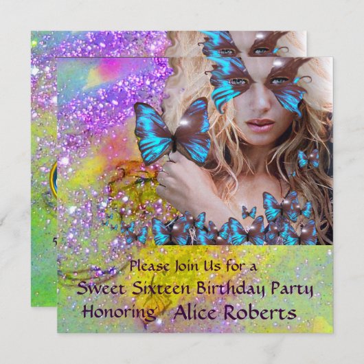 BLUE BUTTERFLY SWEET 16 ARTIJ MONOGRAM, Champagne Kaart (Voorkant / Achterkant)