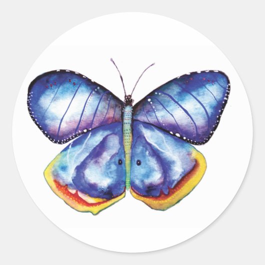 Blue Butterfly Waterverf Classic Ronde Sticker (Voorkant)