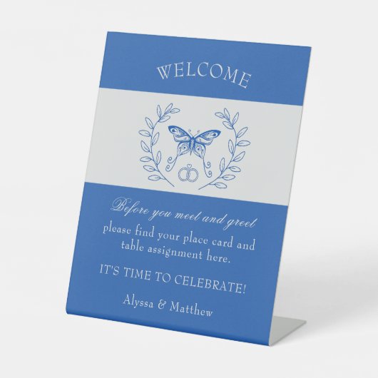 Blue Butterfly Weddenschap Place Card Tabletop Sig Reclamebord Met Voetstuk (Voorkant)