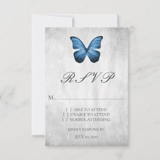 Blue Butterfly Wedding RSVP Kaart (Voorkant)