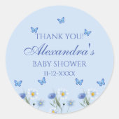 Blue Butterfly Wildflower Baby shower Dank u Ronde Sticker (Voorkant)