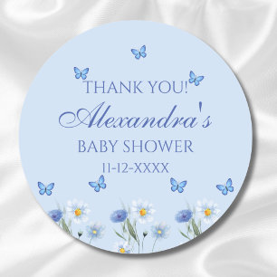 Blue Butterfly Wildflower Baby shower Dank u Ronde Sticker