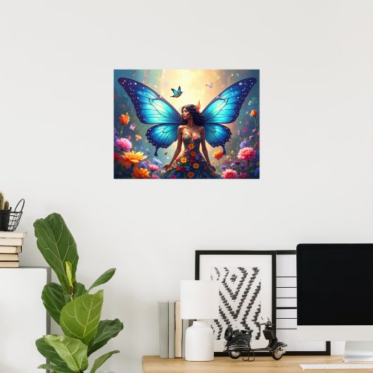 Blue Butterfly Woman Poster (Thuiskantoor)