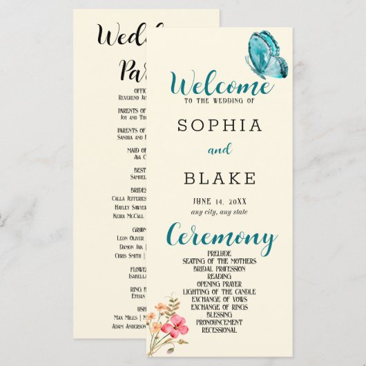  Blue Butterfly Yellow Wedding Programme (Voorkant / Achterkant)