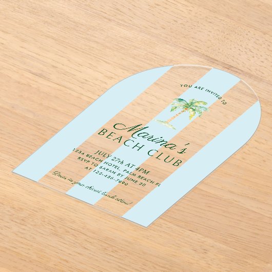 Blue Cabana Stripes Palm Beach Club Verjaardagsboo Acryl Uitnodigingen (Laagn)