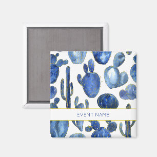 Blue Cactus Art Desert Chic Gold Custom EVENT NAAM Magneet