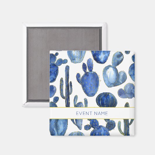 Blue Cactus Art Desert Chic Gold Custom EVENT NAAM Magneet (Voorkant / Achterkant)
