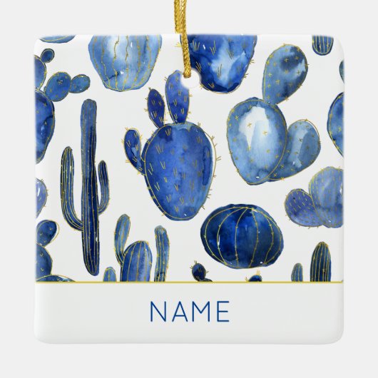 Blue Cactus Gold Desert Chic NAME Reizigfun Keramisch Ornament (Voorkant)