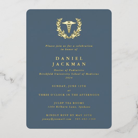Blue Caduceus + Laurel Medical School Afstuderen Folie Uitnodiging (Voorkant)