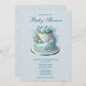 Blue Cake Flowers Baby shower Uitnodiging (Voorkant / Achterkant)