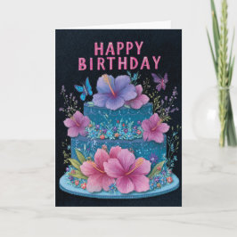 Blue Cake with Pink Hibiscus Birthday Greeting Car Kaart