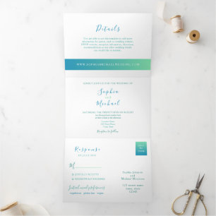 Blue Calligraphy Script Wedding Drieluik Uitnodiging