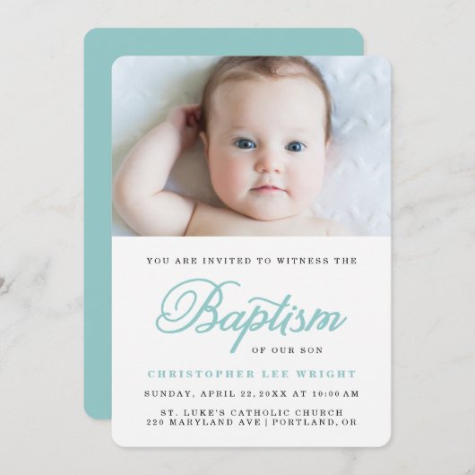 Blue Calligraphy Stylish Boy Baptism Invitation Kaart (Voorkant / Achterkant)